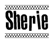 The clipart image displays the text Sherie in a bold, stylized font. It is enclosed in a rectangular border with a checkerboard pattern running below and above the text, similar to a finish line in racing. 