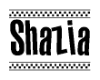 The image contains the text Shazia in a bold, stylized font, with a checkered flag pattern bordering the top and bottom of the text.