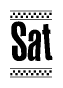The image is a black and white clipart of the text Sat in a bold, italicized font. The text is bordered by a dotted line on the top and bottom, and there are checkered flags positioned at both ends of the text, usually associated with racing or finishing lines.