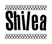 The image contains the text Shilea in a bold, stylized font, with a checkered flag pattern bordering the top and bottom of the text.