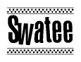 The image is a black and white clipart of the text Swatee in a bold, italicized font. The text is bordered by a dotted line on the top and bottom, and there are checkered flags positioned at both ends of the text, usually associated with racing or finishing lines.