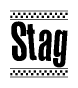 The image is a black and white clipart of the text Stag in a bold, italicized font. The text is bordered by a dotted line on the top and bottom, and there are checkered flags positioned at both ends of the text, usually associated with racing or finishing lines.