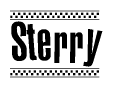 The image is a black and white clipart of the text Sterry in a bold, italicized font. The text is bordered by a dotted line on the top and bottom, and there are checkered flags positioned at both ends of the text, usually associated with racing or finishing lines.
