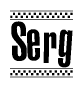 The clipart image displays the text Serg in a bold, stylized font. It is enclosed in a rectangular border with a checkerboard pattern running below and above the text, similar to a finish line in racing. 