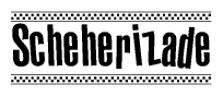 The image is a black and white clipart of the text Scheherizade in a bold, italicized font. The text is bordered by a dotted line on the top and bottom, and there are checkered flags positioned at both ends of the text, usually associated with racing or finishing lines.
