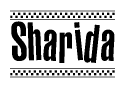 The image is a black and white clipart of the text Sharida in a bold, italicized font. The text is bordered by a dotted line on the top and bottom, and there are checkered flags positioned at both ends of the text, usually associated with racing or finishing lines.