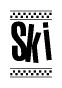 The clipart image displays the text Ski in a bold, stylized font. It is enclosed in a rectangular border with a checkerboard pattern running below and above the text, similar to a finish line in racing. 