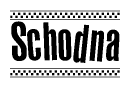 The image is a black and white clipart of the text Schodna in a bold, italicized font. The text is bordered by a dotted line on the top and bottom, and there are checkered flags positioned at both ends of the text, usually associated with racing or finishing lines.