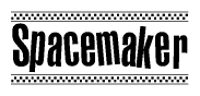 The image is a black and white clipart of the text Spacemaker in a bold, italicized font. The text is bordered by a dotted line on the top and bottom, and there are checkered flags positioned at both ends of the text, usually associated with racing or finishing lines.