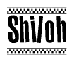 The image is a black and white clipart of the text Shiloh in a bold, italicized font. The text is bordered by a dotted line on the top and bottom, and there are checkered flags positioned at both ends of the text, usually associated with racing or finishing lines.