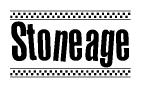 The image is a black and white clipart of the text Stoneage in a bold, italicized font. The text is bordered by a dotted line on the top and bottom, and there are checkered flags positioned at both ends of the text, usually associated with racing or finishing lines.