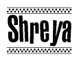 The image is a black and white clipart of the text Shreya in a bold, italicized font. The text is bordered by a dotted line on the top and bottom, and there are checkered flags positioned at both ends of the text, usually associated with racing or finishing lines.