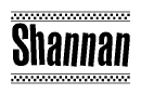 The image is a black and white clipart of the text Shannan in a bold, italicized font. The text is bordered by a dotted line on the top and bottom, and there are checkered flags positioned at both ends of the text, usually associated with racing or finishing lines.