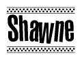 The clipart image displays the text Shawne in a bold, stylized font. It is enclosed in a rectangular border with a checkerboard pattern running below and above the text, similar to a finish line in racing. 