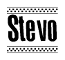 The image contains the text Stevo in a bold, stylized font, with a checkered flag pattern bordering the top and bottom of the text.