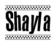 The image contains the text Shayla in a bold, stylized font, with a checkered flag pattern bordering the top and bottom of the text.