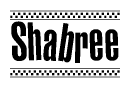 The image contains the text Shabree in a bold, stylized font, with a checkered flag pattern bordering the top and bottom of the text.