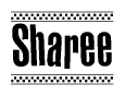The clipart image displays the text Sharee in a bold, stylized font. It is enclosed in a rectangular border with a checkerboard pattern running below and above the text, similar to a finish line in racing. 