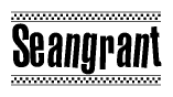 The image is a black and white clipart of the text Seangrant in a bold, italicized font. The text is bordered by a dotted line on the top and bottom, and there are checkered flags positioned at both ends of the text, usually associated with racing or finishing lines.