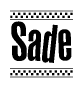 The image contains the text Sade in a bold, stylized font, with a checkered flag pattern bordering the top and bottom of the text.