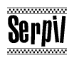 The image is a black and white clipart of the text Serpil in a bold, italicized font. The text is bordered by a dotted line on the top and bottom, and there are checkered flags positioned at both ends of the text, usually associated with racing or finishing lines.