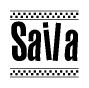 The image is a black and white clipart of the text Saila in a bold, italicized font. The text is bordered by a dotted line on the top and bottom, and there are checkered flags positioned at both ends of the text, usually associated with racing or finishing lines.
