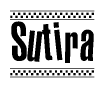 The image is a black and white clipart of the text Sutira in a bold, italicized font. The text is bordered by a dotted line on the top and bottom, and there are checkered flags positioned at both ends of the text, usually associated with racing or finishing lines.