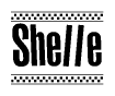 The image contains the text Shelle in a bold, stylized font, with a checkered flag pattern bordering the top and bottom of the text.
