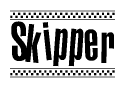 The image is a black and white clipart of the text Skipper in a bold, italicized font. The text is bordered by a dotted line on the top and bottom, and there are checkered flags positioned at both ends of the text, usually associated with racing or finishing lines.