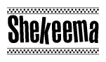 The image contains the text Shekeema in a bold, stylized font, with a checkered flag pattern bordering the top and bottom of the text.