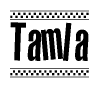 The image contains the text Tamla in a bold, stylized font, with a checkered flag pattern bordering the top and bottom of the text.