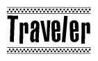 The clipart image displays the text Traveler in a bold, stylized font. It is enclosed in a rectangular border with a checkerboard pattern running below and above the text, similar to a finish line in racing. 