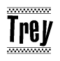 The image is a black and white clipart of the text Trey in a bold, italicized font. The text is bordered by a dotted line on the top and bottom, and there are checkered flags positioned at both ends of the text, usually associated with racing or finishing lines.