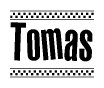 The image contains the text Tomas in a bold, stylized font, with a checkered flag pattern bordering the top and bottom of the text.