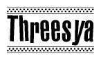 The clipart image displays the text Threesya in a bold, stylized font. It is enclosed in a rectangular border with a checkerboard pattern running below and above the text, similar to a finish line in racing. 