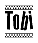 The image is a black and white clipart of the text Tobi in a bold, italicized font. The text is bordered by a dotted line on the top and bottom, and there are checkered flags positioned at both ends of the text, usually associated with racing or finishing lines.