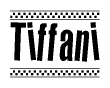 The image is a black and white clipart of the text Tiffani in a bold, italicized font. The text is bordered by a dotted line on the top and bottom, and there are checkered flags positioned at both ends of the text, usually associated with racing or finishing lines.
