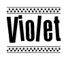 The image is a black and white clipart of the text Violet in a bold, italicized font. The text is bordered by a dotted line on the top and bottom, and there are checkered flags positioned at both ends of the text, usually associated with racing or finishing lines.