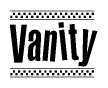 The image is a black and white clipart of the text Vanity in a bold, italicized font. The text is bordered by a dotted line on the top and bottom, and there are checkered flags positioned at both ends of the text, usually associated with racing or finishing lines.