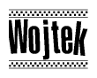 The clipart image displays the text Wojtek in a bold, stylized font. It is enclosed in a rectangular border with a checkerboard pattern running below and above the text, similar to a finish line in racing. 