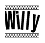 The image is a black and white clipart of the text Willy in a bold, italicized font. The text is bordered by a dotted line on the top and bottom, and there are checkered flags positioned at both ends of the text, usually associated with racing or finishing lines.