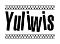 The image is a black and white clipart of the text Yuliwis in a bold, italicized font. The text is bordered by a dotted line on the top and bottom, and there are checkered flags positioned at both ends of the text, usually associated with racing or finishing lines.