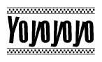 The clipart image displays the text Yoyoyoyo in a bold, stylized font. It is enclosed in a rectangular border with a checkerboard pattern running below and above the text, similar to a finish line in racing. 