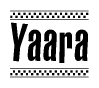 The image is a black and white clipart of the text Yaara in a bold, italicized font. The text is bordered by a dotted line on the top and bottom, and there are checkered flags positioned at both ends of the text, usually associated with racing or finishing lines.