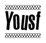The image contains the text Yousf in a bold, stylized font, with a checkered flag pattern bordering the top and bottom of the text.