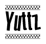 The image contains the text Yuttz in a bold, stylized font, with a checkered flag pattern bordering the top and bottom of the text.