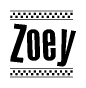 The image contains the text Zoey in a bold, stylized font, with a checkered flag pattern bordering the top and bottom of the text.
