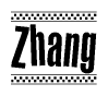 The image is a black and white clipart of the text Zhang in a bold, italicized font. The text is bordered by a dotted line on the top and bottom, and there are checkered flags positioned at both ends of the text, usually associated with racing or finishing lines.