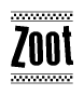 The image is a black and white clipart of the text Zoot in a bold, italicized font. The text is bordered by a dotted line on the top and bottom, and there are checkered flags positioned at both ends of the text, usually associated with racing or finishing lines.