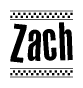The image contains the text Zach in a bold, stylized font, with a checkered flag pattern bordering the top and bottom of the text.